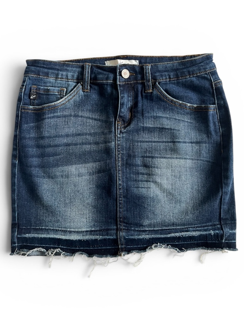 Buckle KanCan Dark Wash Distressed Denim Mini Skirt Frayed Bottom Bohemian Style